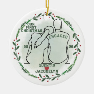 Her Head on His Shoulder - First Christmas Engaged Ceramic Ornament