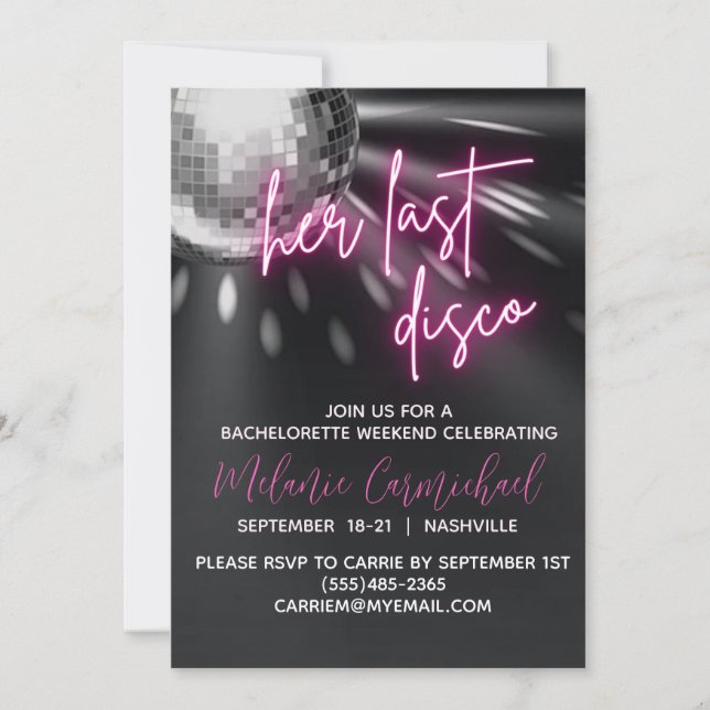 Her Last Disco Bachelorette Weekend  Invitation (Front)