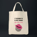 Her Last Ride Disco Cowgirl Bachelorette Party Tote Bag<br><div class="desc">This personalized grocery tote bag is perfect for your disco cowgirl themed bachelorette party. It features an illustration of a disco ball with a pink cowboy hat and your own custom message in black and pink lettering.</div>