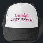 Her Last Rodeo Disco Cowgirl Bachelorette Party Trucker Hat<br><div class="desc">Celebrate brides to be with these disco cowgirl themed bachelorette party personalized hats. They feature the fun slogan "LAST RODEO" in black and white cow hide patterned letters with the bride's name above in pink script lettering.</div>