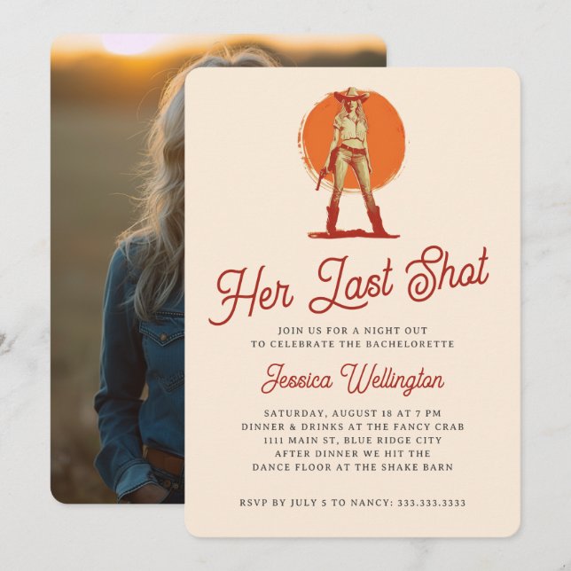 Her Last Shot Retro Western Cowgirl Bachelorette Invitation (Front/Back)