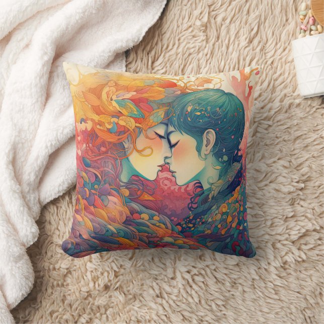 Her Love, Her Way  | Lesbian Kiss Art Deco Style Throw Pillow (Blanket)