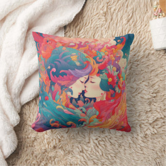 Her Love, Her Way | Lesbian Kiss Art Deco Style Throw Pillow