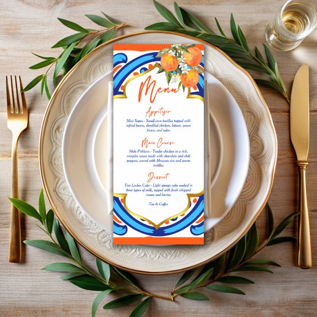 Her Main Squeeze orange blue menu card (Her Main Squeeze bridal shower orange blue tiles customized menu card template personalized decor)