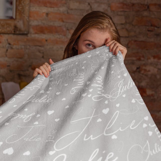 Her Name and Hearts all over light-grey Fleece Blanket (Creator Uploaded)