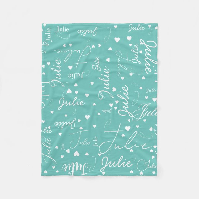 Her Name and Hearts all over light-teal Fleece Blanket (Front)
