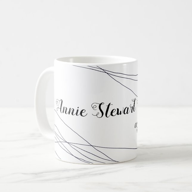 her name handwritten with thin curves on white coffee mug (Front Left)