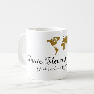 her name handwritten + world map + custom message coffee mug