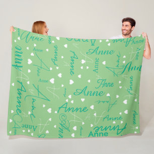 Her Name Initial White Hearts all over sage-green Fleece Blanket