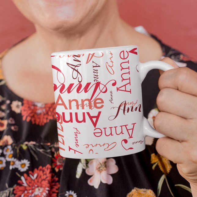 Her Name Printed in Red all-over a Stylish Coffee Mug (Creator Uploaded)