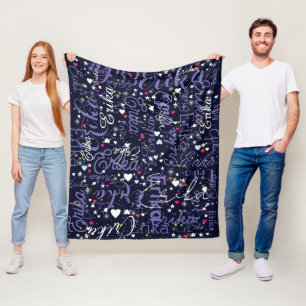 Her Name, Splashed Cute Hearts and Stars  Fleece Blanket