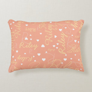 Her Name with Initial & Hearts Peach Accent Pillow