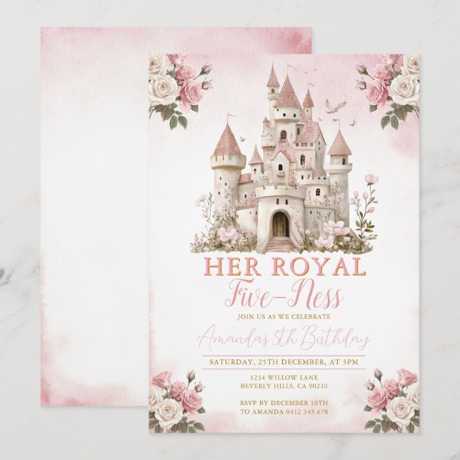 Her royal five-ness Birthday Castle Pink Flowers  Invitation (Front/Back)