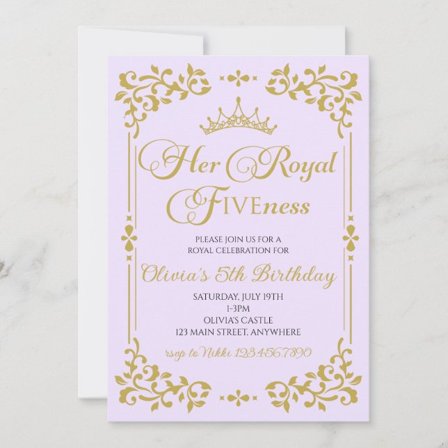 Her Royal Fiveness Gold Princess 5th Birthday Invitation (Front)