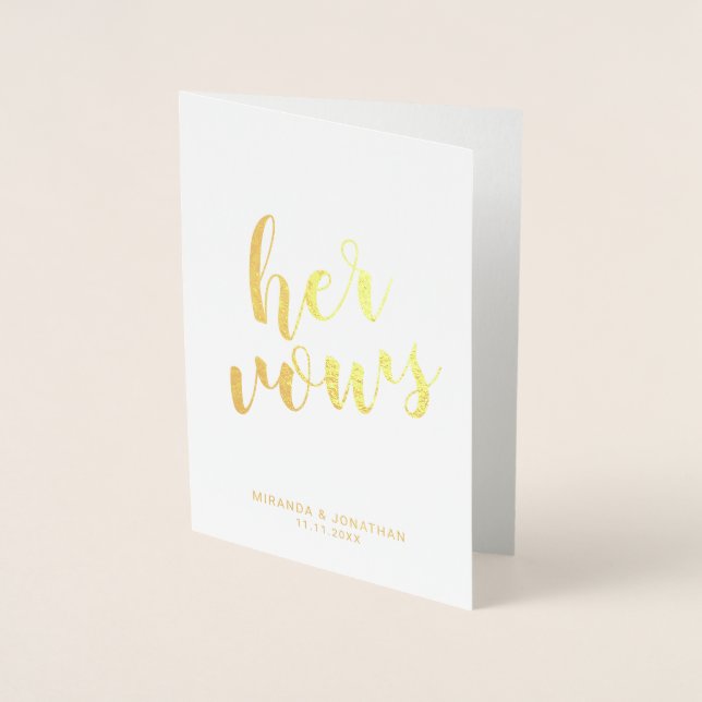 'Her Vows' Elegant Real Gold Foil Wedding Vows Card (Front)