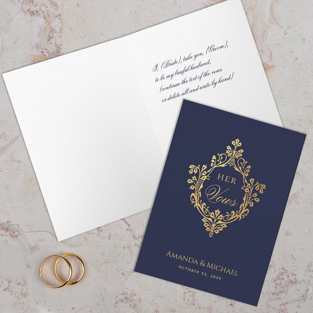 Her Vows Navy Blue Faux Gold Crest Elegant Wedding Card (Creator Uploaded)