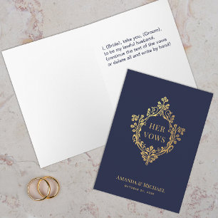 Her Vows Navy Blue Faux Gold Vintage Crest Wedding Card