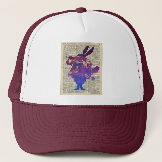 Herald Purple Rabbit Stencil Over Old Book Page Trucker Hat (Front)