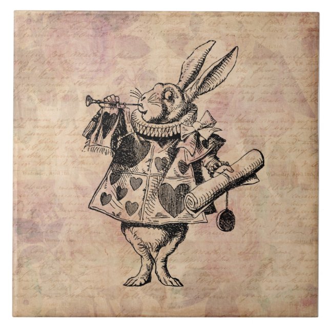 Herald White Rabbit Alice in Wonderland Floral Tile (Front)