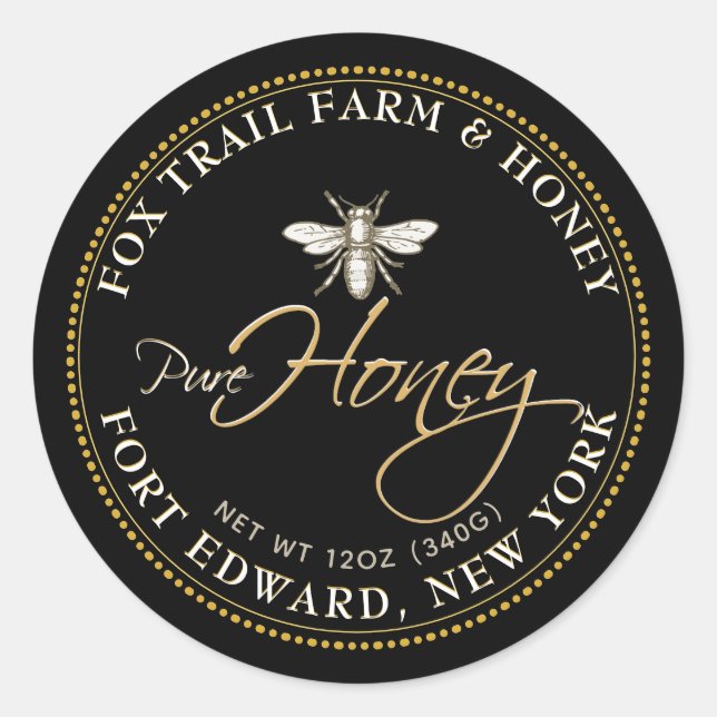 Heraldic Bee Black Honey Étiquette avec texte de s (Devant)