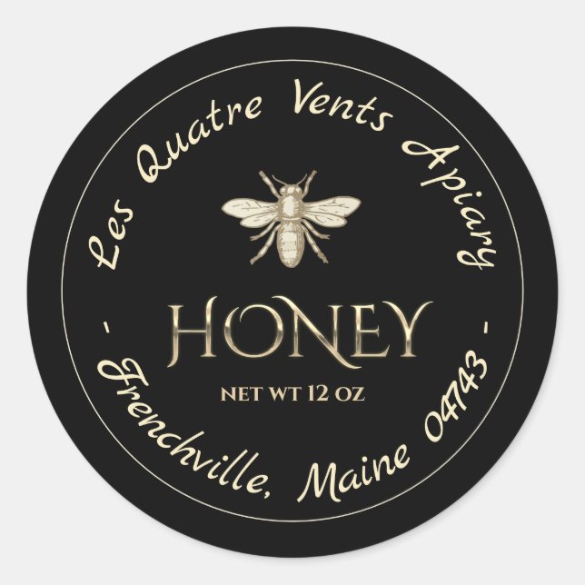 Heraldic Bee Gold Border Black Honey Label (Front)