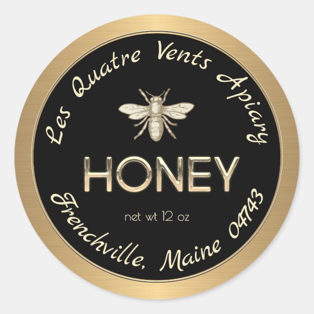 Heraldic Bee Gold Border Black Honey Label (Front)