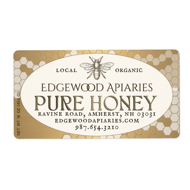 Heraldic Bee Honeycomb Honey Label Gold Ivory (Front)