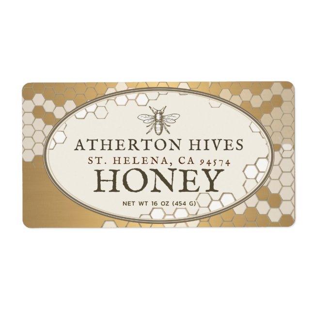Heraldic Bee Ivory and Gold Rectangle Honey Label  (Front)