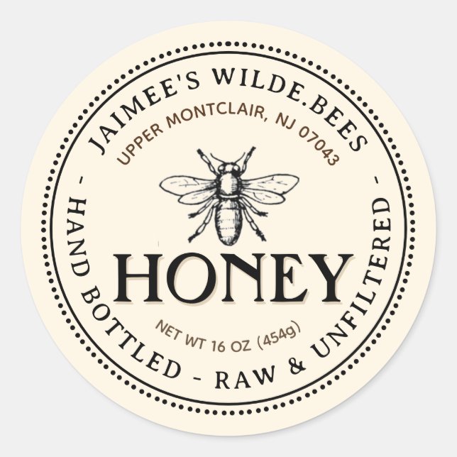 Heraldic Bee Raw Hand Bottled Honey Editable Label (Front)