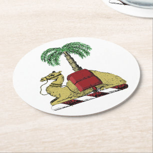 Heraldic Camel Palm Tree Colour Coat of Arms Round Paper Coaster