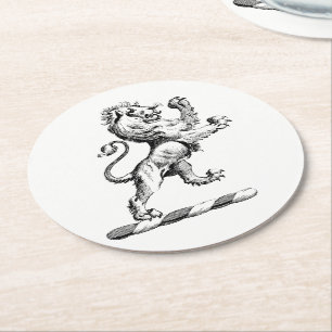 Heraldic Lion Standing Crest Emblem Round Paper Coaster