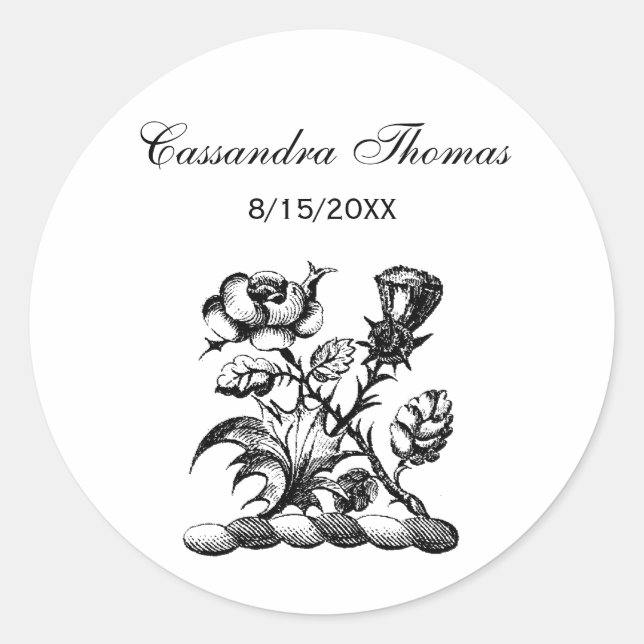 Heraldic Rose & Thistle Coat of Arms Crest Emblem Classic Round Sticker (Front)