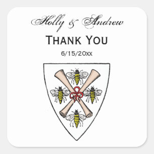 Heraldic Vintage 4 Bees Scrolls on Shield Crest Wt Square Sticker