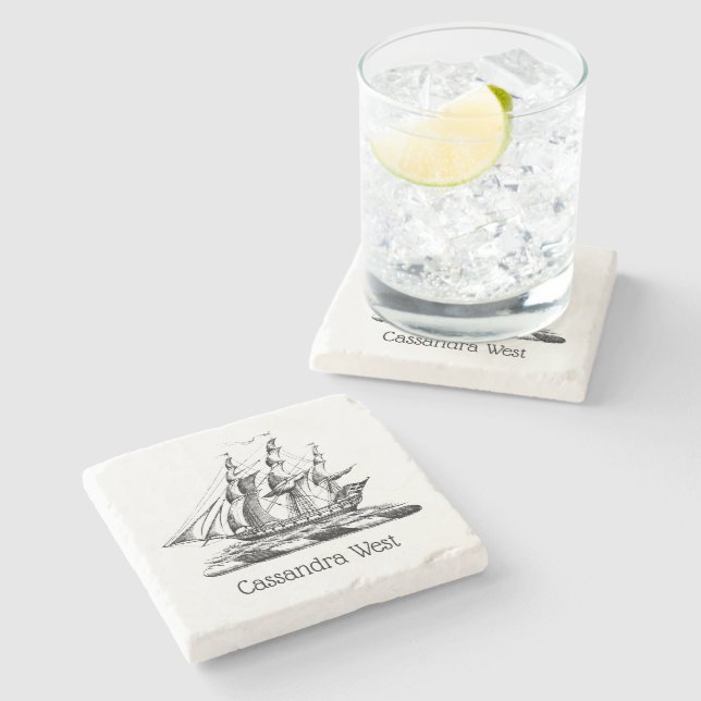 Heraldic Vintage Nautical Clipper Ship Crest Stone Coaster (Side)