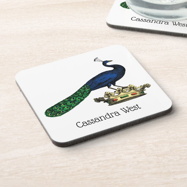 Heraldic Vintage Stylized Peacock on Crown C Coaster (Left Side)