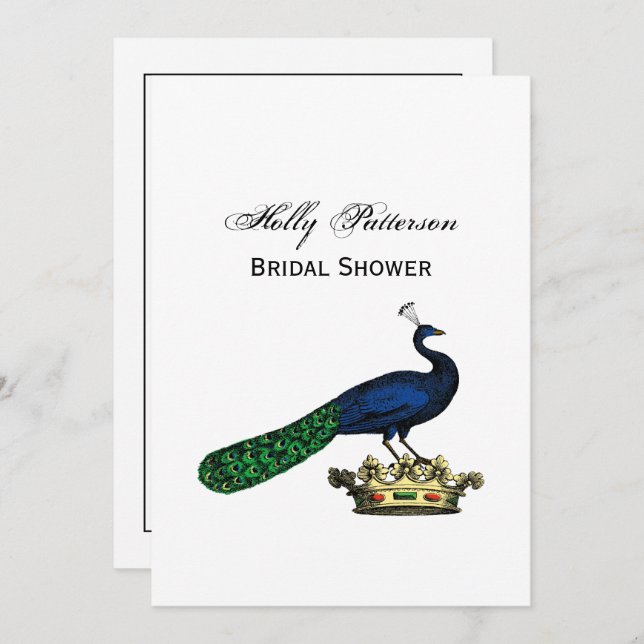 Heraldic Vintage Stylized Peacock on Crown C Invitation (Front/Back)