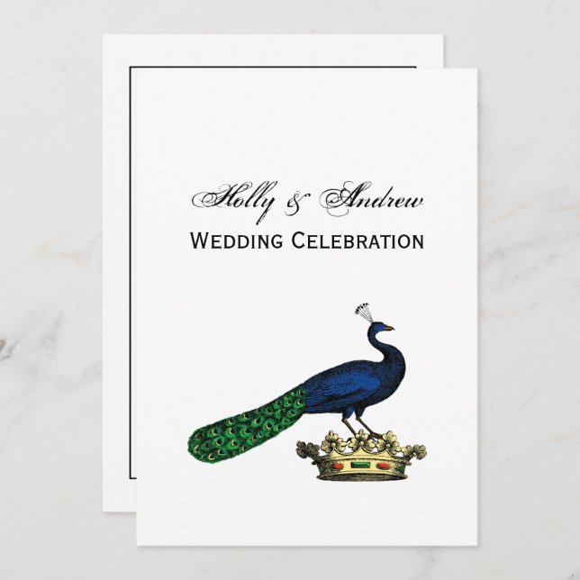 Heraldic Vintage Stylized Peacock on Crown C Invitation (Front/Back)