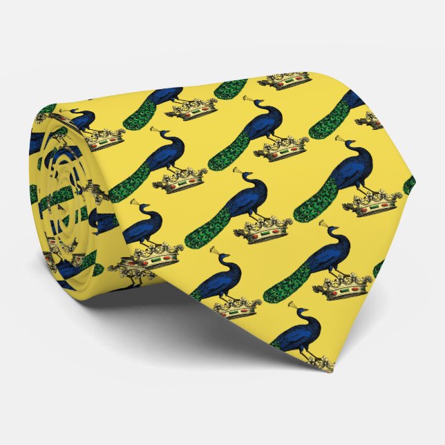 Heraldic Vintage Stylized Peacock on Crown C Tie (Rolled)