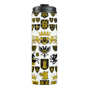 Heraldry crests, symbolic designs. thermal tumbler