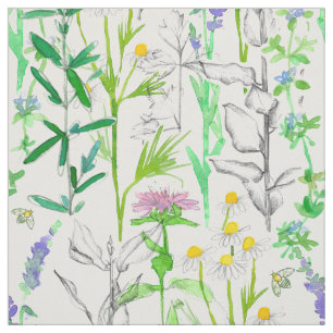 Herb Garden Plants Chamomile Bee Balm Rosemary  Fabric