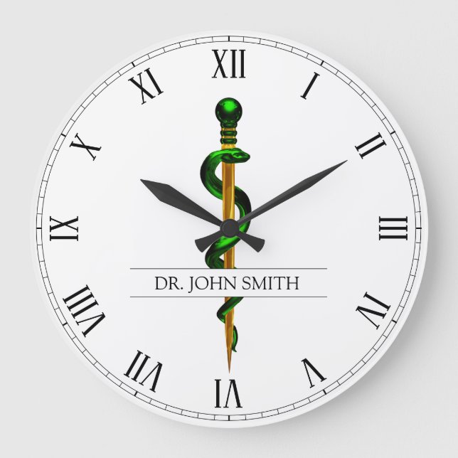 Herbal Gold Green Rod of Asclepius Medical Name Large Clock (Front)
