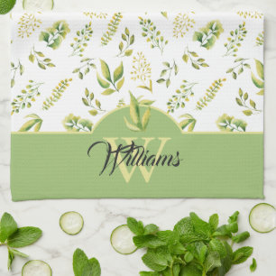 Herbal Green Greenery Pattern Monogram on White Kitchen Towel