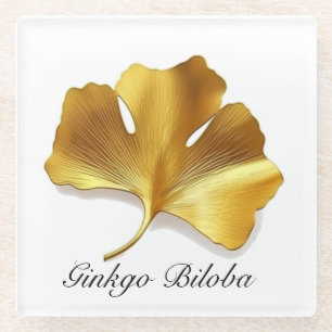 Herbal Life: Gold Ginkgo Biloba leaf customizable Glass Coaster