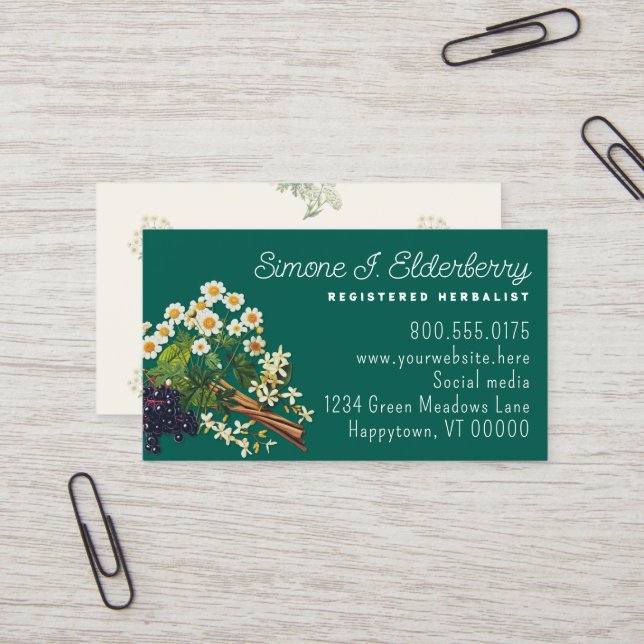 Herbalist Business Cards Feverfew Elderberry (Front/Back In Situ)