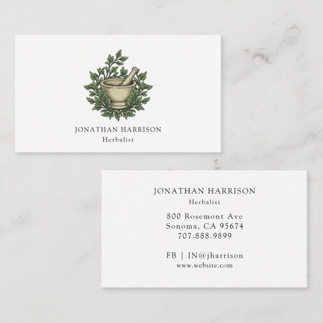 Herbalist Illustrated Mortar Pestle Herbs Business Card (Front/Back)