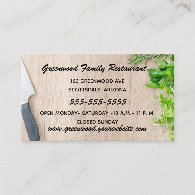 Herbs and Knife on a Cutting Board Business Card (Front)
