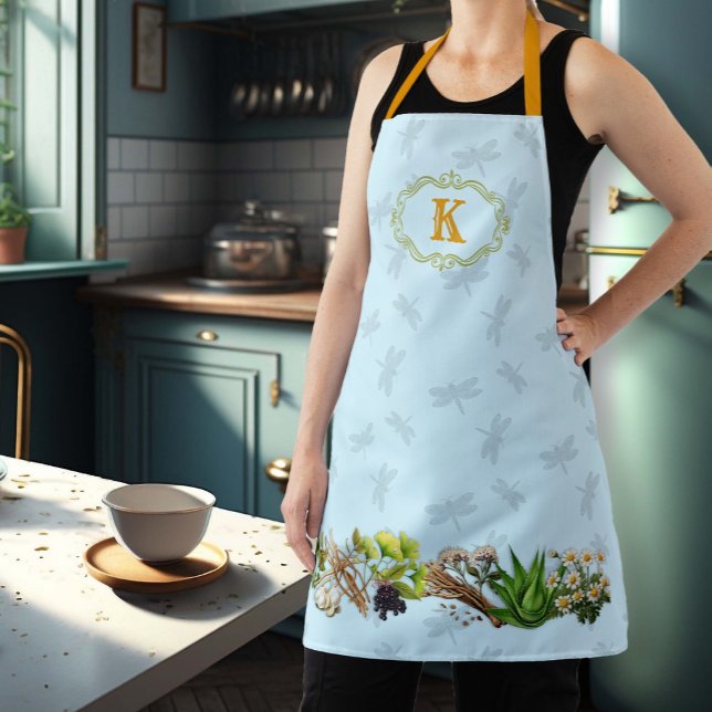 Herbs Dragonflies Monogram Initial Apron (Creator Uploaded)