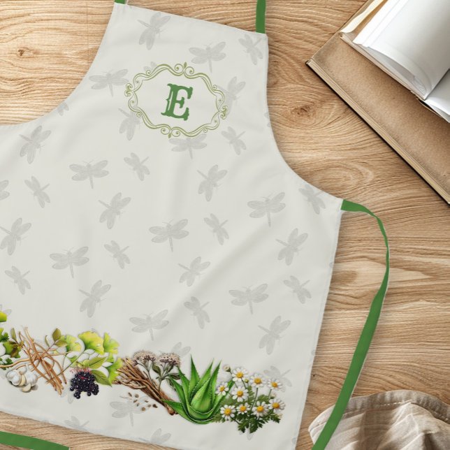 Herbs Dragonflies Monogram Initial Apron (Creator Uploaded)