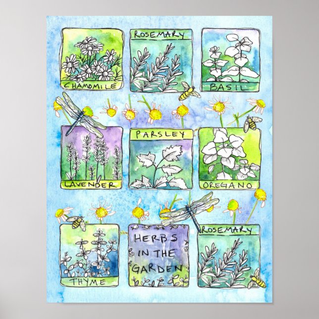 Herbs Garden Dragonflies Honey Bees Kitchen Art Poster (Front)