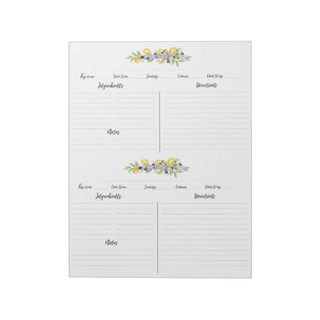 Herbs Lemons Botanical Lined Recipe Pages Notepad (Rotated)